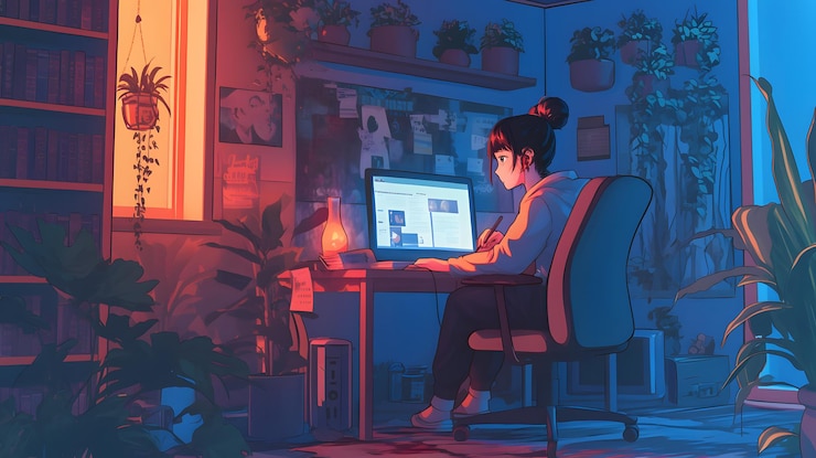 Foto sesión de estudio nocturna en una habitación acogedora con un estilo de anime retro lofi