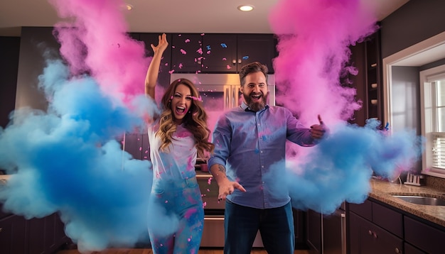 Sesión de fotografía de concepto sorpresa de fiesta de revelación de género creativa y colorida