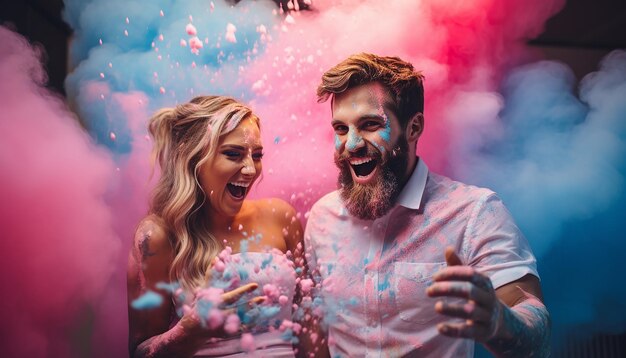 Sesión de fotografía de concepto sorpresa de fiesta de revelación de género creativa y colorida