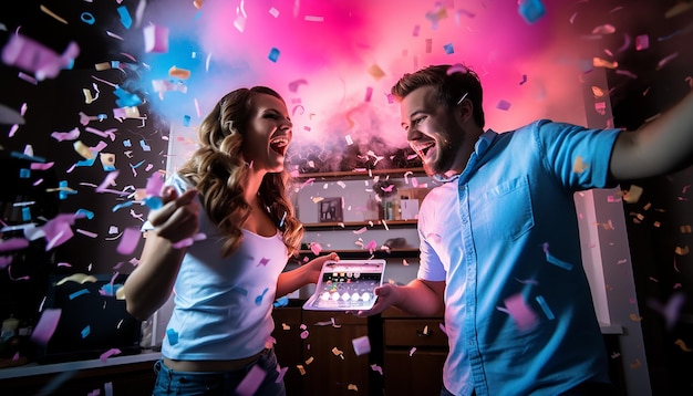 Foto sesión de fotografía de concepto sorpresa de fiesta de revelación de género creativa y colorida