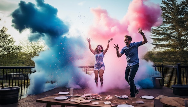 Sesión de fotografía de concepto sorpresa de fiesta de revelación de género creativa y colorida