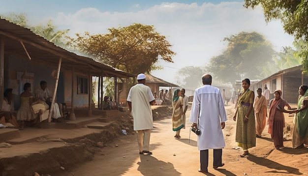 Una sesión fotográfica que muestra un programa de divulgación médica en una aldea remota el día mundial de la lepra