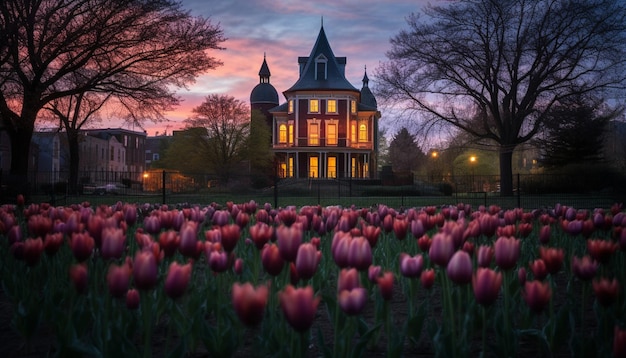 Una sesión de fotos al crepúsculo de un edificio histórico rodeado de flores de primavera