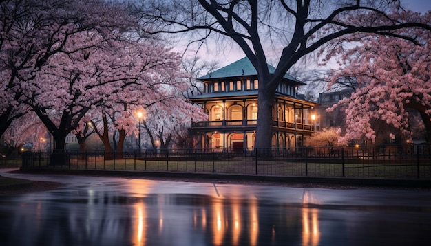 Una sesión de fotos al crepúsculo de un edificio histórico rodeado de flores de primavera