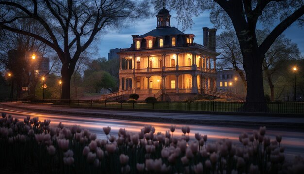 Una sesión de fotos al crepúsculo de un edificio histórico rodeado de flores de primavera