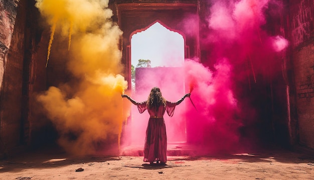 una sesión de fotos de una celebración de Holi en un antiguo fuerte