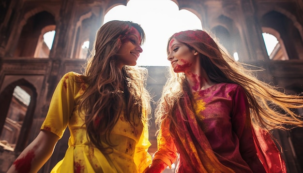 una sesión de fotos de una celebración de Holi en un antiguo fuerte