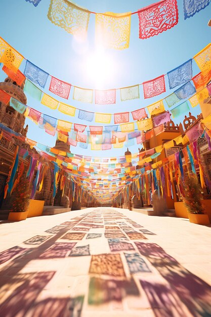 Sesión de fotos de coloridos carteles de Papel Picado Showcas Diseño creativo Posadas Mexico Festiva