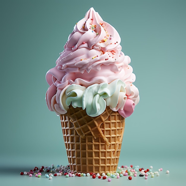 sesión de fotos de un cono de helado sobre un fondo pastel sólido de hielo suave