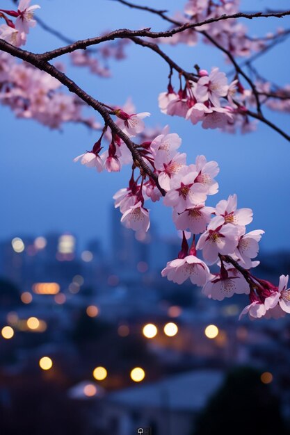 Una sesión de fotos de crepúsculo de flores de cerezo con luces de la ciudad en el fondo lejano