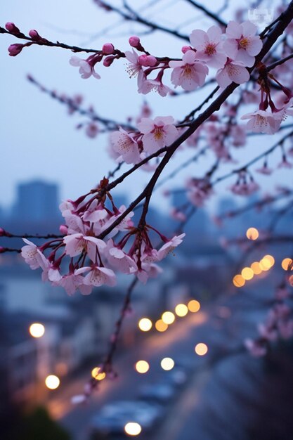 Una sesión de fotos de crepúsculo de flores de cerezo con luces de la ciudad en el fondo lejano