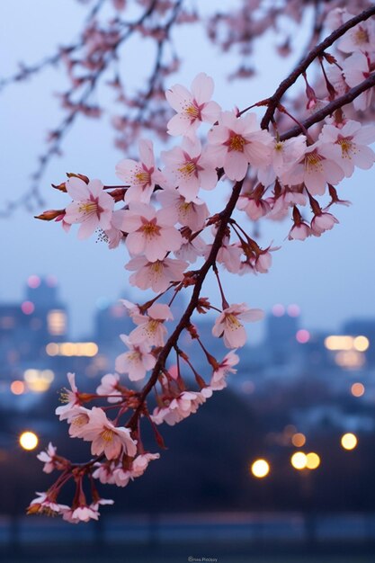 Una sesión de fotos de crepúsculo de flores de cerezo con luces de la ciudad en el fondo lejano