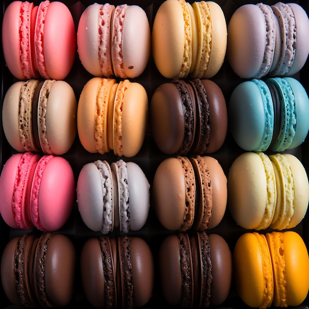 Sesión de fotos de empaque de una caja de macarons en filas perfectas capturadas del set de diseño creativo de Dir