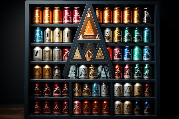Sesión de fotos de empaque de un paquete de 12 latas de cerveza artesanal dispuestas en un conjunto de diseño creativo piramidal