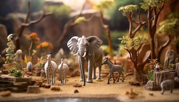 Sesión de fotos de escena de animales de zoológico de diorama fotorrealista