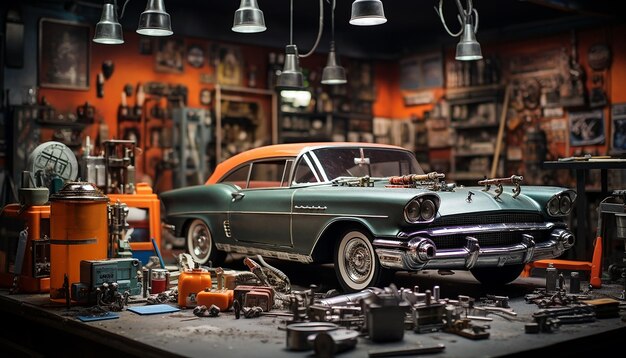 Foto sesión de fotos de escena de taller de reparación de automóviles de diorama fotorrealista