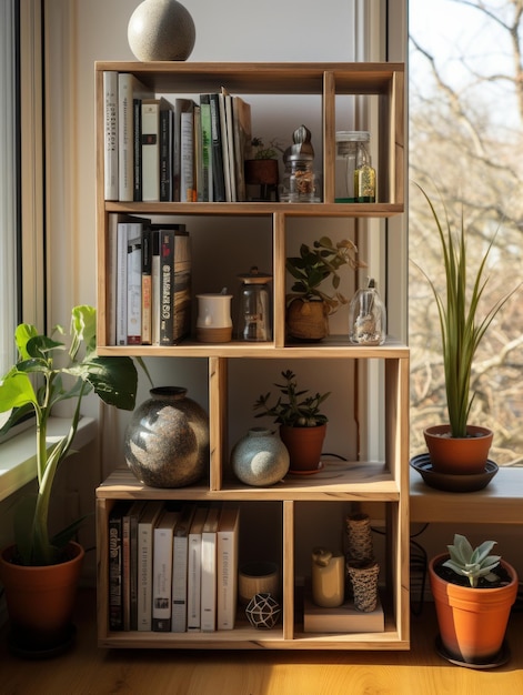 Sesión de fotos de una estantería minimalista hecha de madera clara.