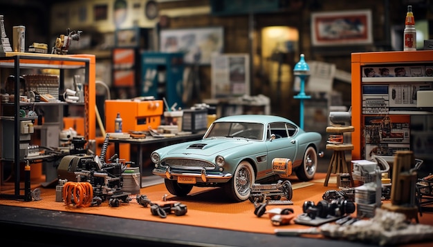 Una sesión de fotos fotorrealista de una tienda de reparación de automóviles