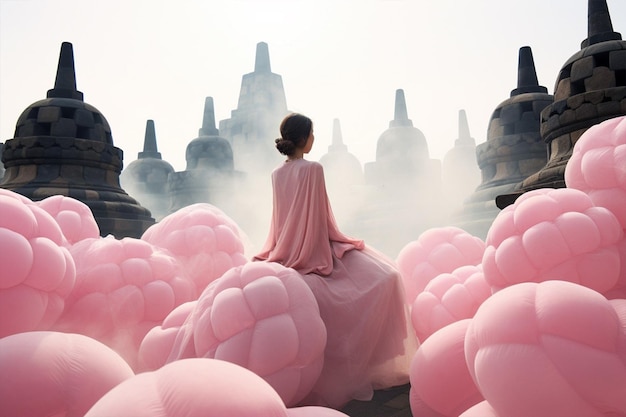 Una sesión de fotos mágica con un escenario de temática rosa en el templo.