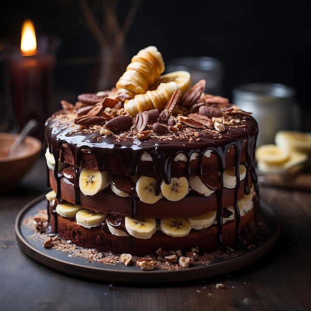 Sesión de fotos de pastel Banoffee con chispas de chocolate y crema de mantequilla y caramelo