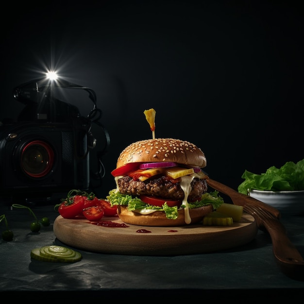 Sesión de fotos de productos de alta calidad de hamburguesas sobre fondo oscuro generado por ai