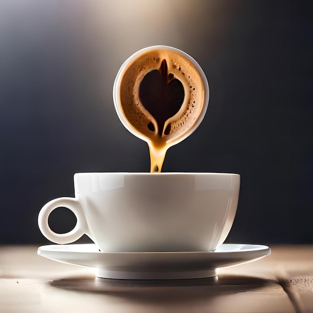 Una sesión de fotos profesional de un chorrito de café en una taza