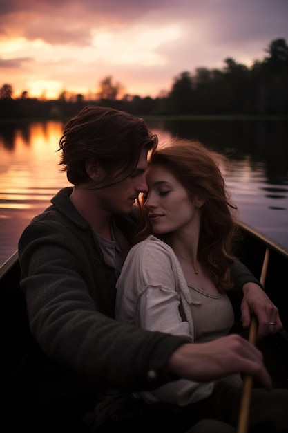 Una sesión de fotos romántica en el crepúsculo de una pareja en un barco en un lago de manantial