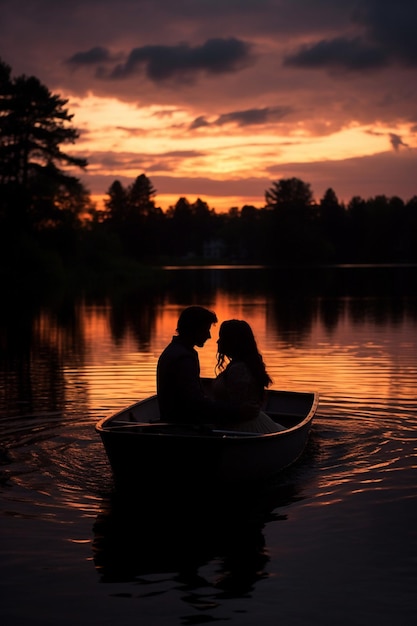 Una sesión de fotos romántica en el crepúsculo de una pareja en un barco en un lago de manantial