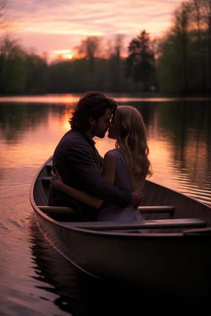 Una sesión de fotos romántica en el crepúsculo de una pareja en un barco en un lago de manantial