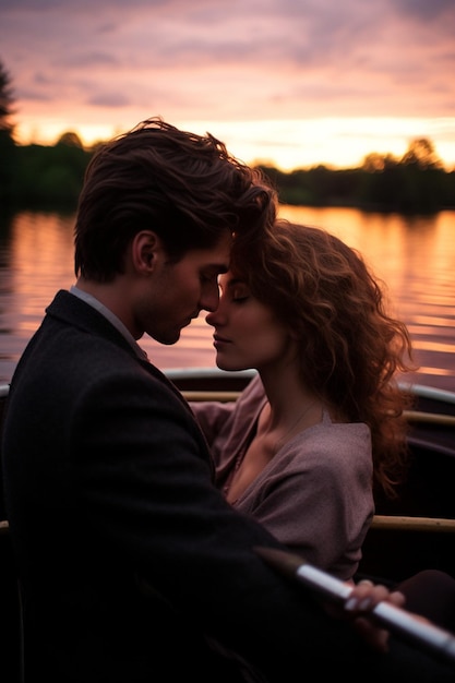 Una sesión de fotos romántica en el crepúsculo de una pareja en un barco en un lago de manantial