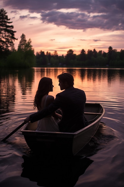 Una sesión de fotos romántica en el crepúsculo de una pareja en un barco en un lago de manantial