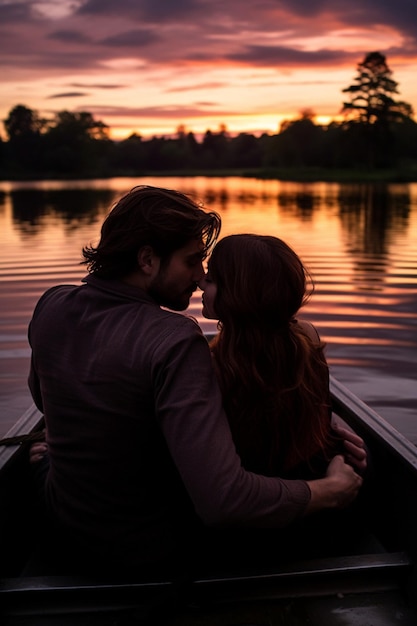 Una sesión de fotos romántica en el crepúsculo de una pareja en un barco en un lago de manantial