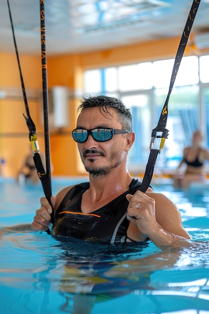 Sesión de hidroterapia Un paciente realiza ejercicios en una piscina para rehabilitar los músculos y las articulaciones