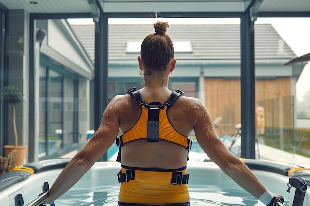 Foto sesión de hidroterapia un paciente realiza ejercicios en una piscina para rehabilitar los músculos y las articulaciones