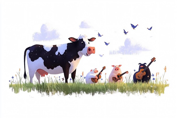 Sesión de jam de animales de granja en un prado soleado