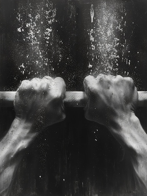 Foto una sesión de levantamiento de pesas centrada en un par de manos agarrando una barra con fuerza el polvo de tiza en el aire