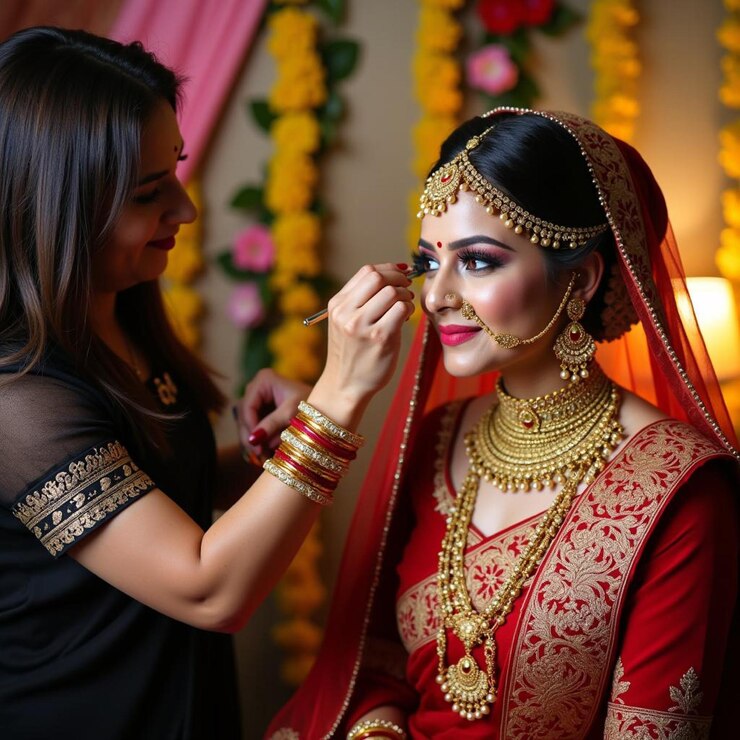 Sesión de maquillaje de novia india con un artista profesional de maquilaje tocando a la novia india