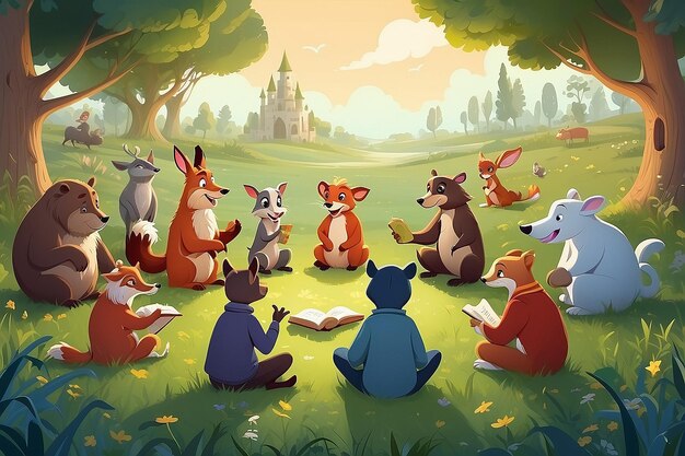 Foto sesión de narración animales de dibujos animados encantadores en el campo de hierba
