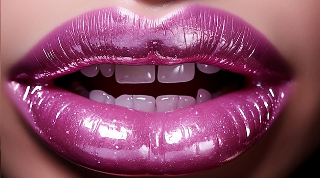 Sesión de primer plano de hermosos labios de mujer con lápiz labial rosa brillante Maquillaje sexy Barbiecore concepto