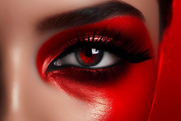 Sesión de primer plano de modelo femenino con maquillaje de ojos rojo brillante