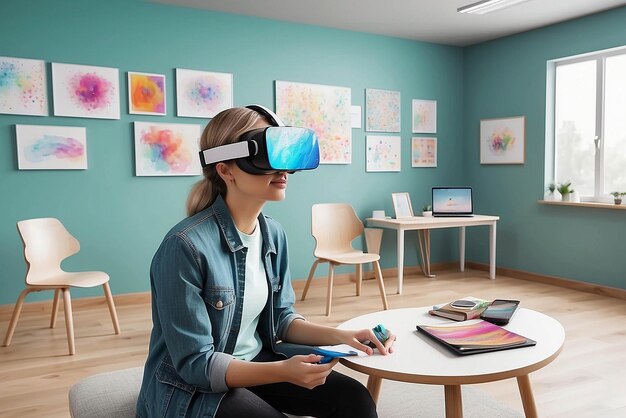Sesión de terapia de arte de realidad virtual en una maqueta de clínica de salud mental
