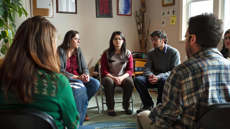 Foto sesión de terapia de grupo con diversas personas en un círculo