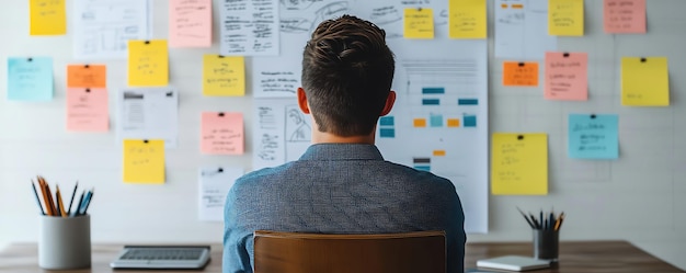 Sesión de tormenta de ideas de plan de negocio con notas adhesivas y bocetos de estrategia creativa