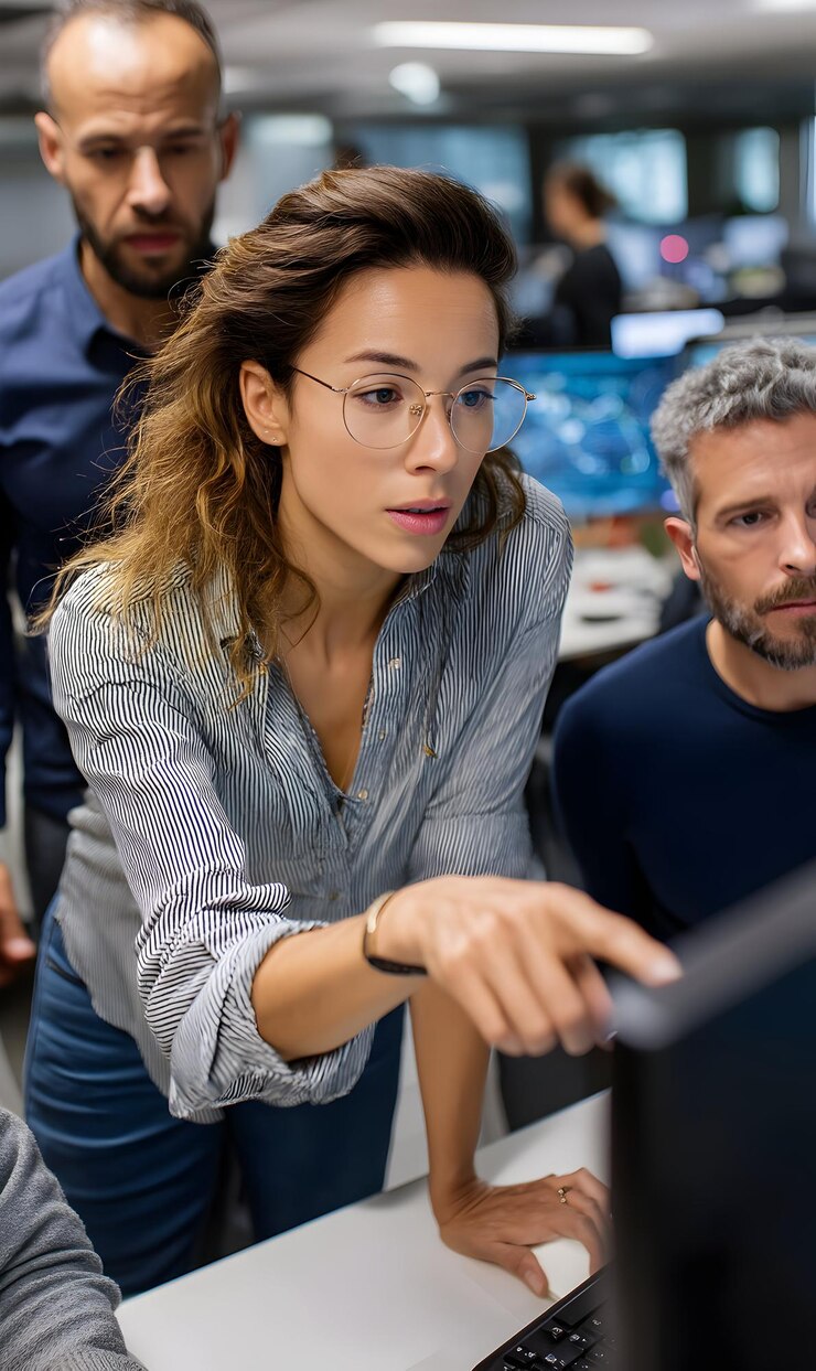 Sesión de trabajo en equipo enfocada que involucra a diversos profesionales que analizan los datos en la pantalla