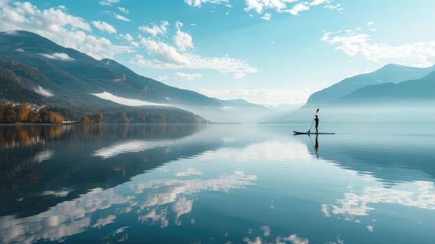 Foto una sesión tranquila de paddleboard en un lago sereno con claros reflejos de la naturaleza circundante
