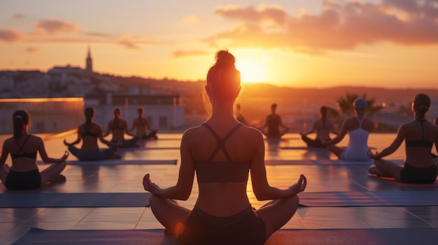 Una sesión de yoga al atardecer en un techo que combina la aptitud física con la conexión espiritual