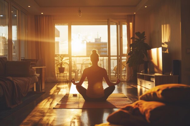 Sesión de yoga de amanecer sereno en la sala de estar moderna