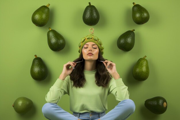 Foto sesión de yoga con avocado y accesorios de avocado