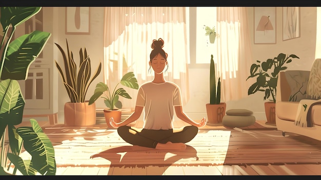 Sesión de yoga en casa serena en una habitación iluminada por el sol mujer meditando pacíficamente ilustración de estilo de vida moderno IA