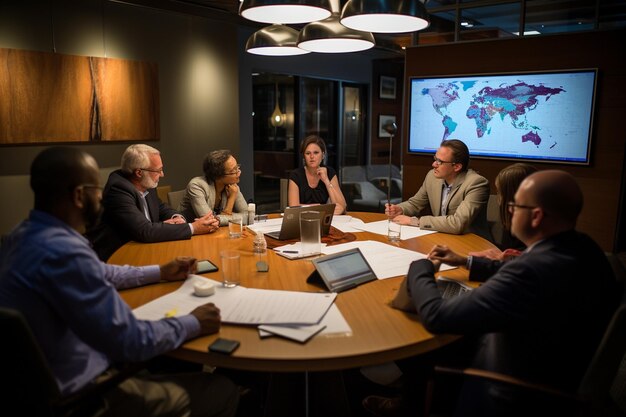 Foto sessão de brainstorming de think tank focada na análise e previsão geopolítica global